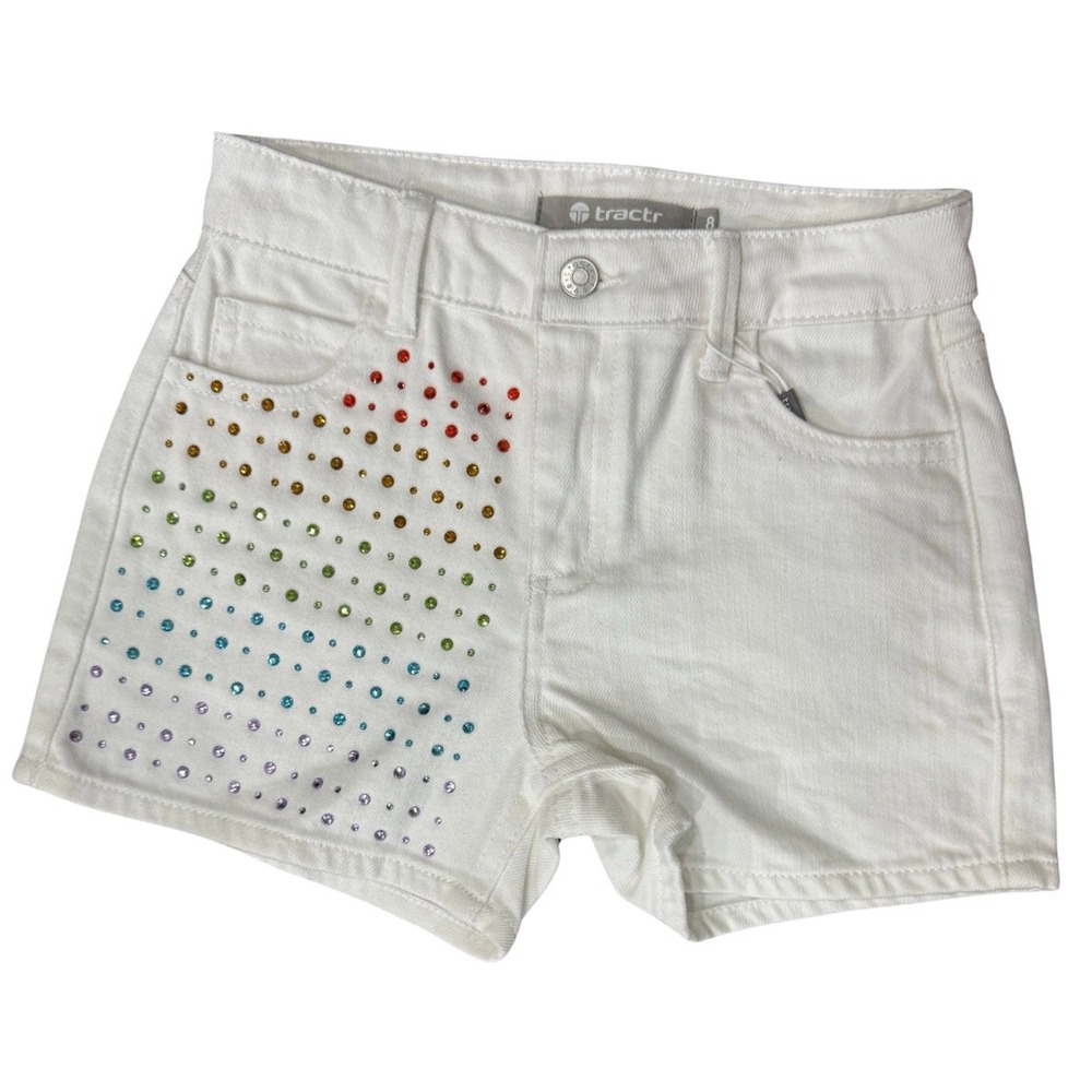 Tractr‎ Girls White Denim Rainbow Rhinestone Shorts Size 7 Colorful Y2K